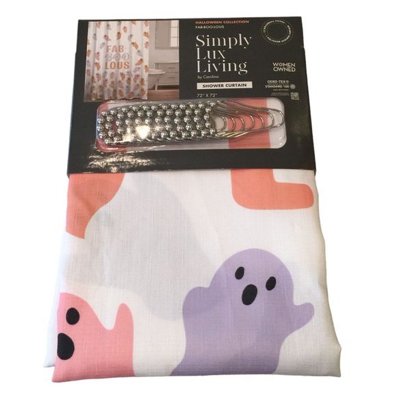 FAB BOO LOUS Pink Lilac Ghost Shower Curtain with Metal Hooks - Picture 1 of 3